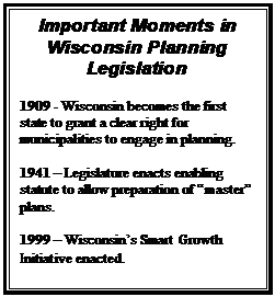 Text Box: Important Moments in Wisconsin Planning Legislation

1909 - Wisconsin becomes the first state to grant a clear right for municipalities to engage in planning.

1941  Legislature enacts enabling statute to allow preparation of master plans.

1999  Wisconsins Smart Growth Initiative enacted.
